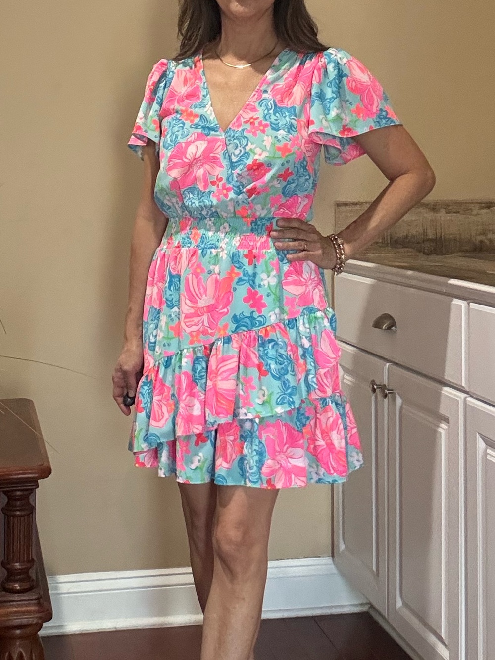 Lilly Pulitzer Blue Pink Floral Wrap-Style Short Dress